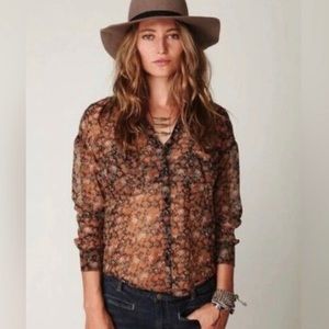 Free People Easy Rider Sheer Floral Button Front Blouse Boho Womens Small